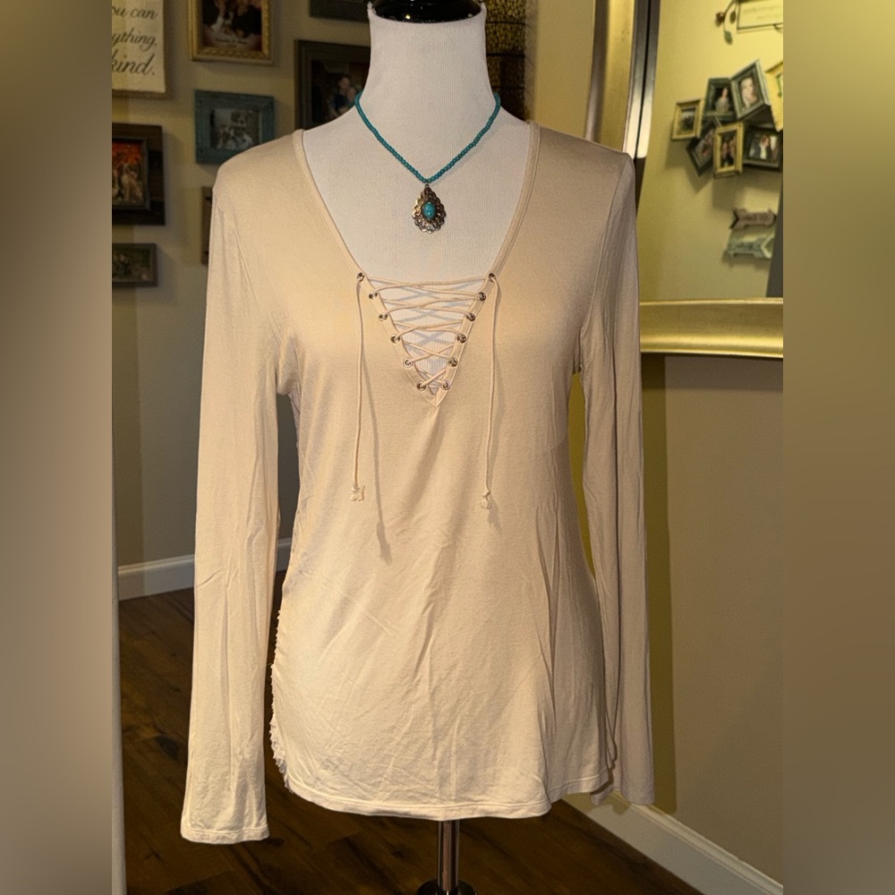 Cream Lace-Up V-Neck Women's Top